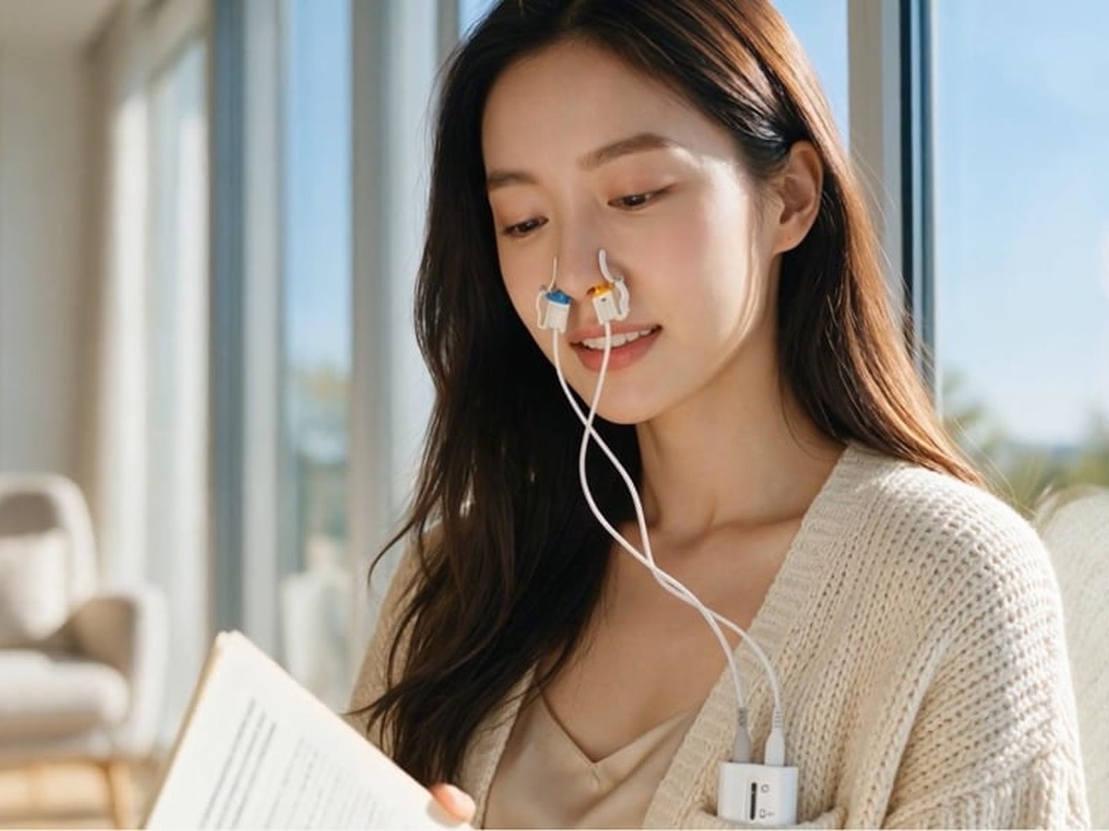 A woman reading with the Vielight applicator, calm daylight