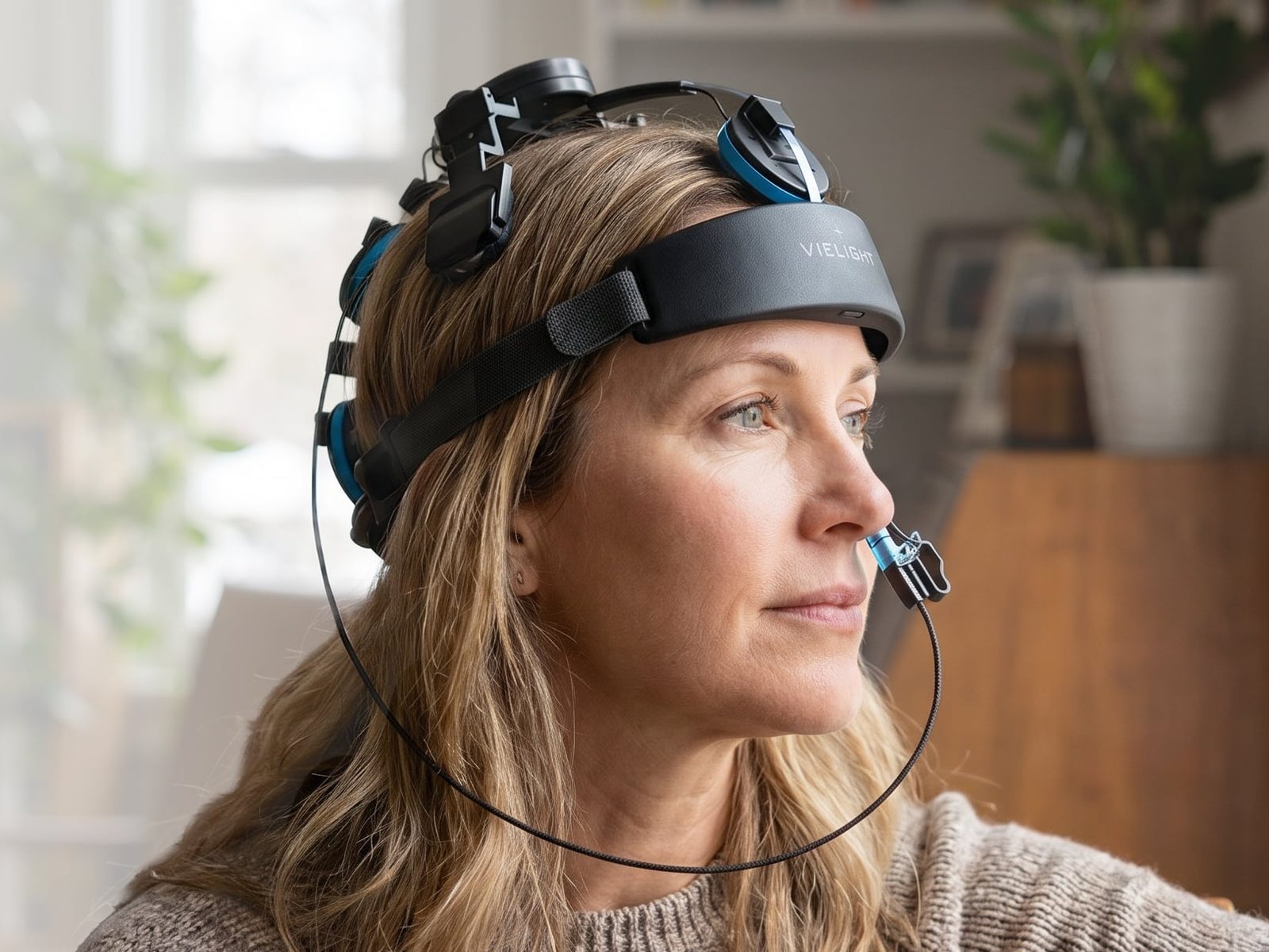 The Vielight headset in use at home, daylight